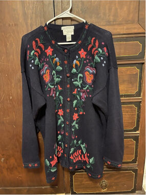 Van Heusen Hand-Embroidered Floral Cardigan Sweater Navy Ramie Cotton L